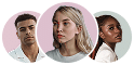 Three young adult avatars in overlapping circular portraits set against pink and green pastel backgrounds.