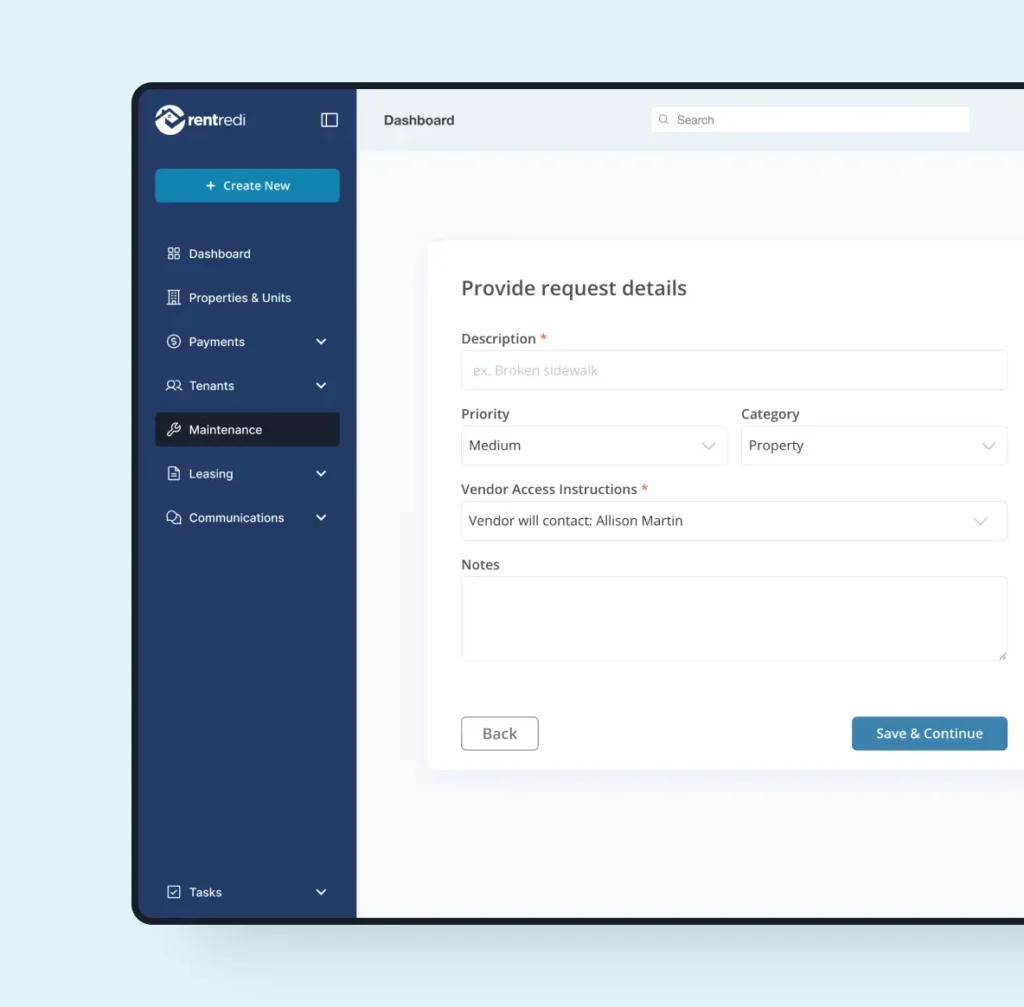 Property management app interface showing a maintenance request form with fields for description, priority, category, and vendor instructions.