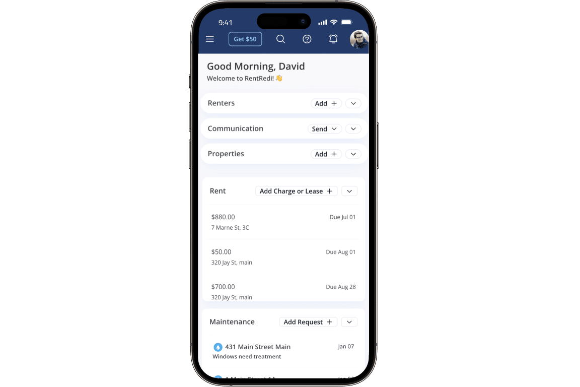 RentRedi dashboard on a smartphone showing rent payments, tenants, properties, and maintenance requests in one interface.