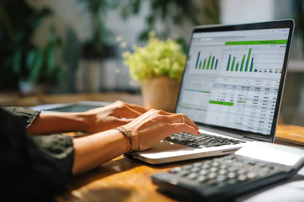 Property management software for small landlords displayed on a laptop with financial graphs and analytics.