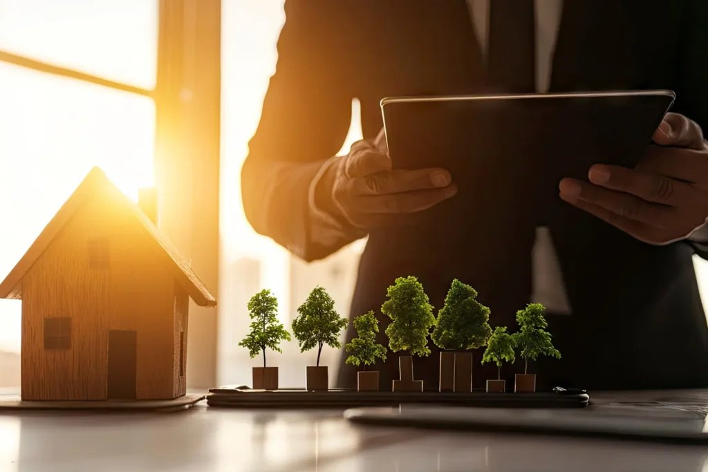 Rental management software illustrated with a person using a tablet beside model houses and trees at sunset.