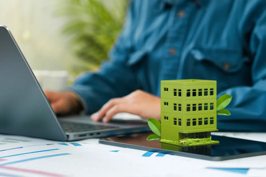 Rental property software being used by a person on a laptop beside a green building model.