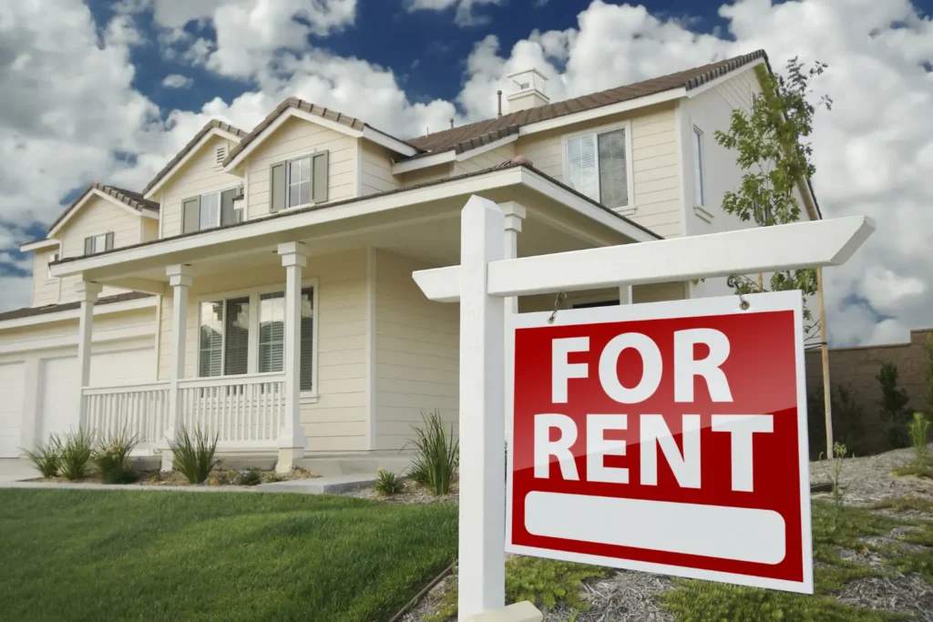 rental syndication service single-family rental home with prominent for rent sign and landscaped lawn
