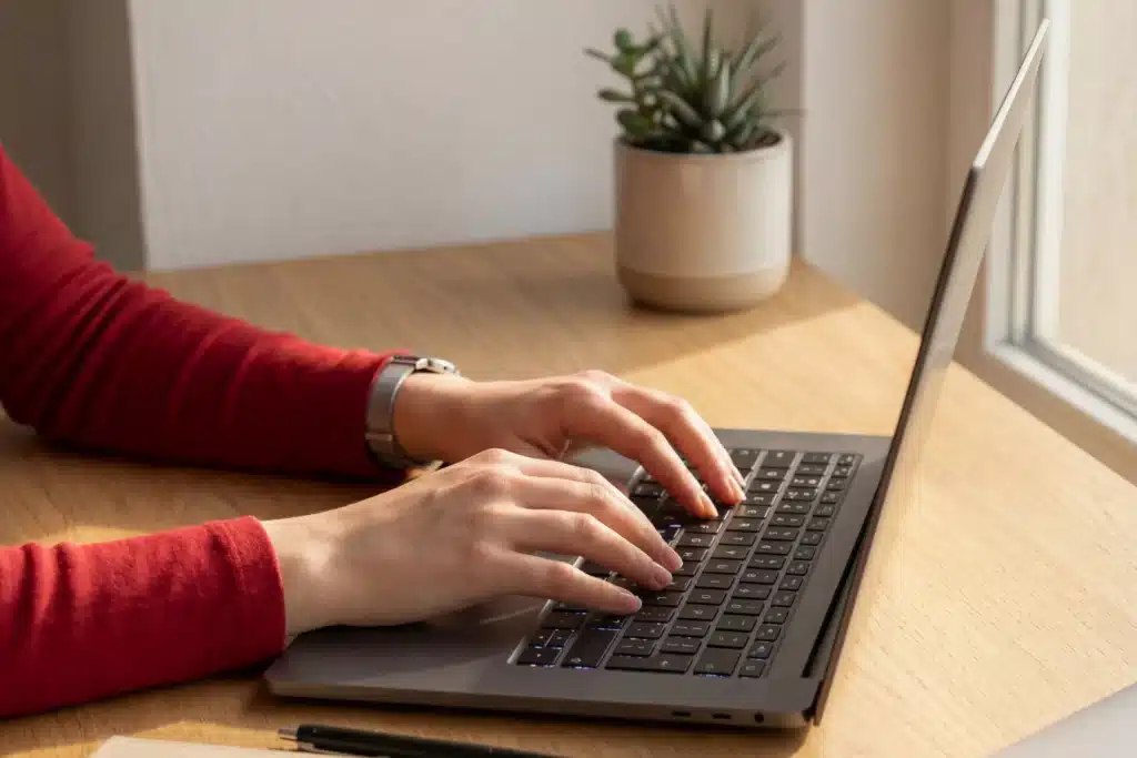 hands typing on laptop while using tenant screening software at a sunny home desk