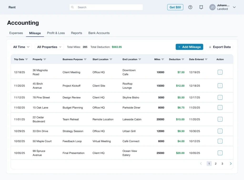 Best landlord software dashboard displaying a detailed rent and charges report across multiple properties and tenants.